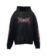 KAMIYA ("Skull Flame" Distressed Zip-up Hoodie) BLACK