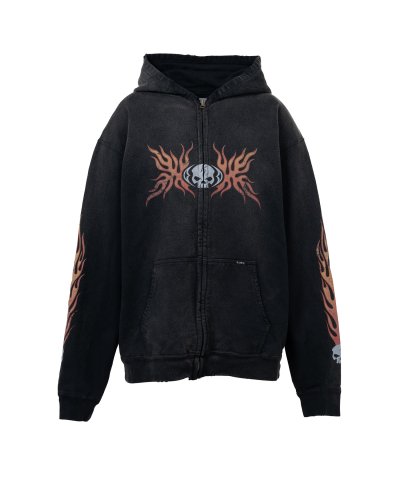 画像1: KAMIYA ("Skull Flame" Distressed Zip-up Hoodie) BLACK