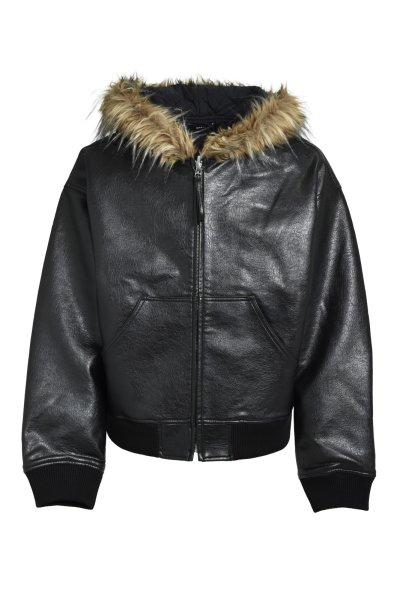 画像1: BREATH (FAUX LEATHER FUR HOODED JACKET) BLACK
