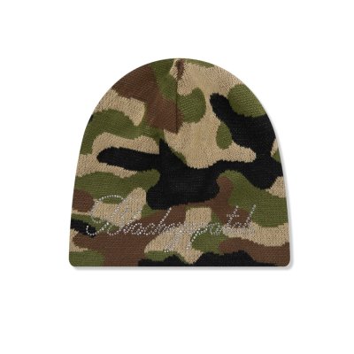 画像1: BLACK EYE PATCH (RHINESTONED SCRIPT SINGLE BEANIE) W.CAMO