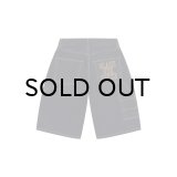 BLACK EYE PATCH (STENCIL LOGO DOUBLE KNEE DENIM SHORTS) INDIGO