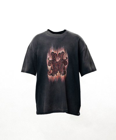 画像1: KAMIYA ("CRAYON FLAME" Distressed T-shirt) BLACK