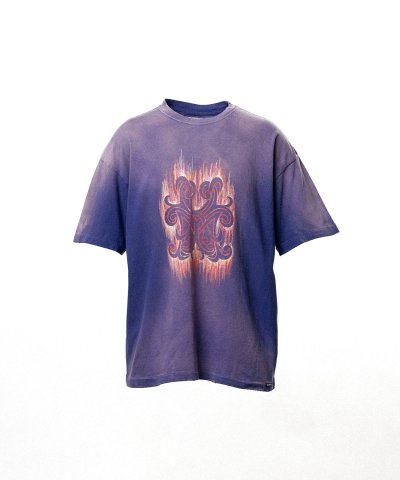 画像1: KAMIYA ("CRAYON FLAME" Distressed T-shirt) NAVY