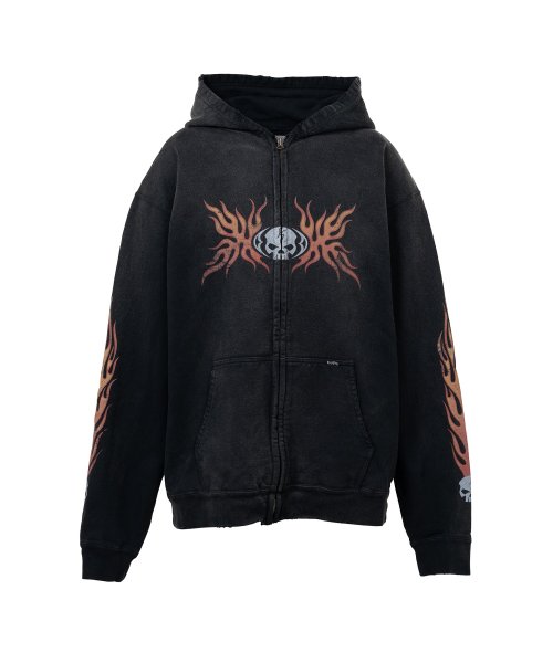 画像1: KAMIYA ("Skull Flame" Distressed Zip-up Hoodie) BLACK -30% OFF-  (1)
