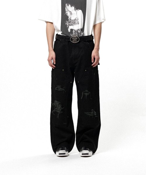 画像1: KAMIYA (BORO Duck Painter Pants) BLACK (1)