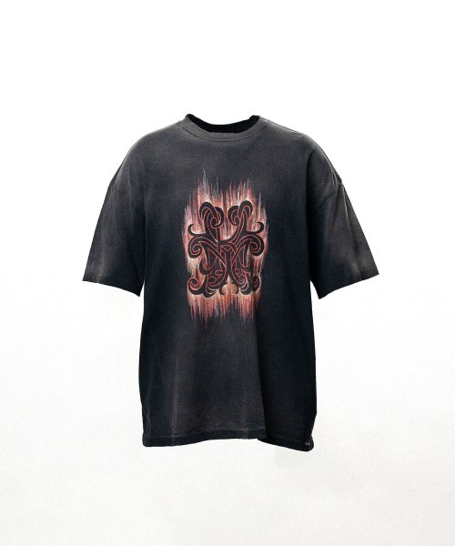 画像1: KAMIYA ("CRAYON FLAME" Distressed T-shirt) BLACK (1)