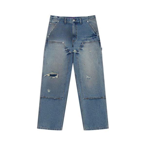 画像1: BLACK EYE PATCH (DOUBLE KNEE DAMAGED PAINTER PANTS) INDIGO (1)